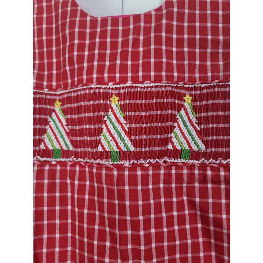 VTG 12M Red Checkered Christmas Tree Smocked Jon Jon Romper One Piece Preppy - Picture 3 of 8